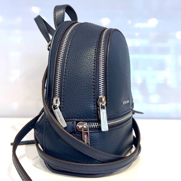 Michael Kors Rhea Extra-Small Printed Signature Logo Backpack Navy Blue - Picture 5 of 9